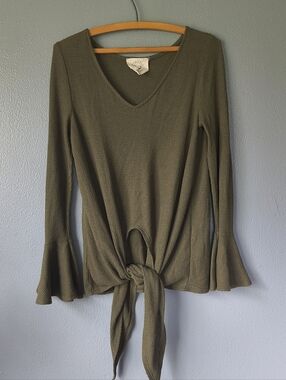 Olive Green Tie-Front Waffle Knit Top